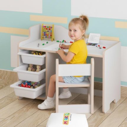 cocuk calisma masasi 90x45 cm 3 sepetli cocuk calisma masasi sirt dayamali sandalye