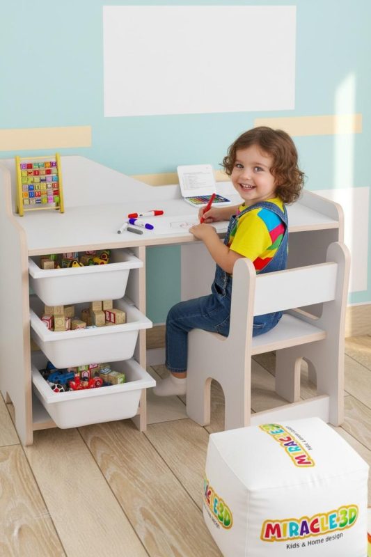 cocuk calisma masasi 90x45 cm 3 sepetli cocuk calisma masasi sirt dayamali sandalye